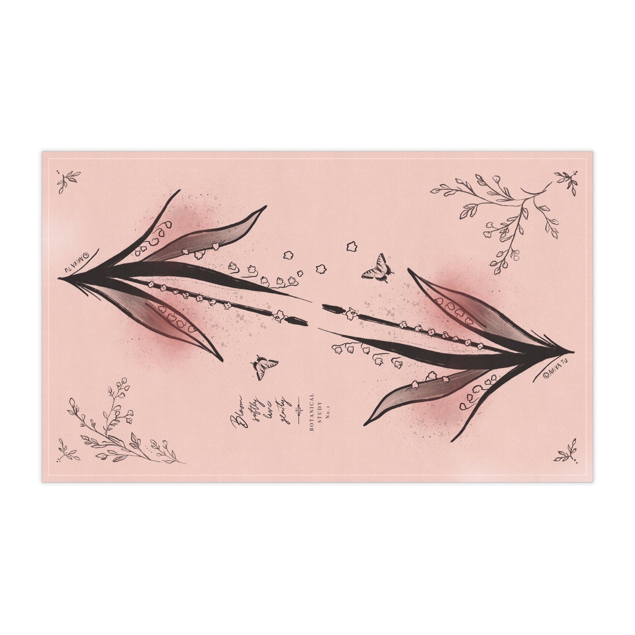 Flute Pink Tea Towel — Blush Botanical Kitchen Towels with Hand-Drawn Flowers