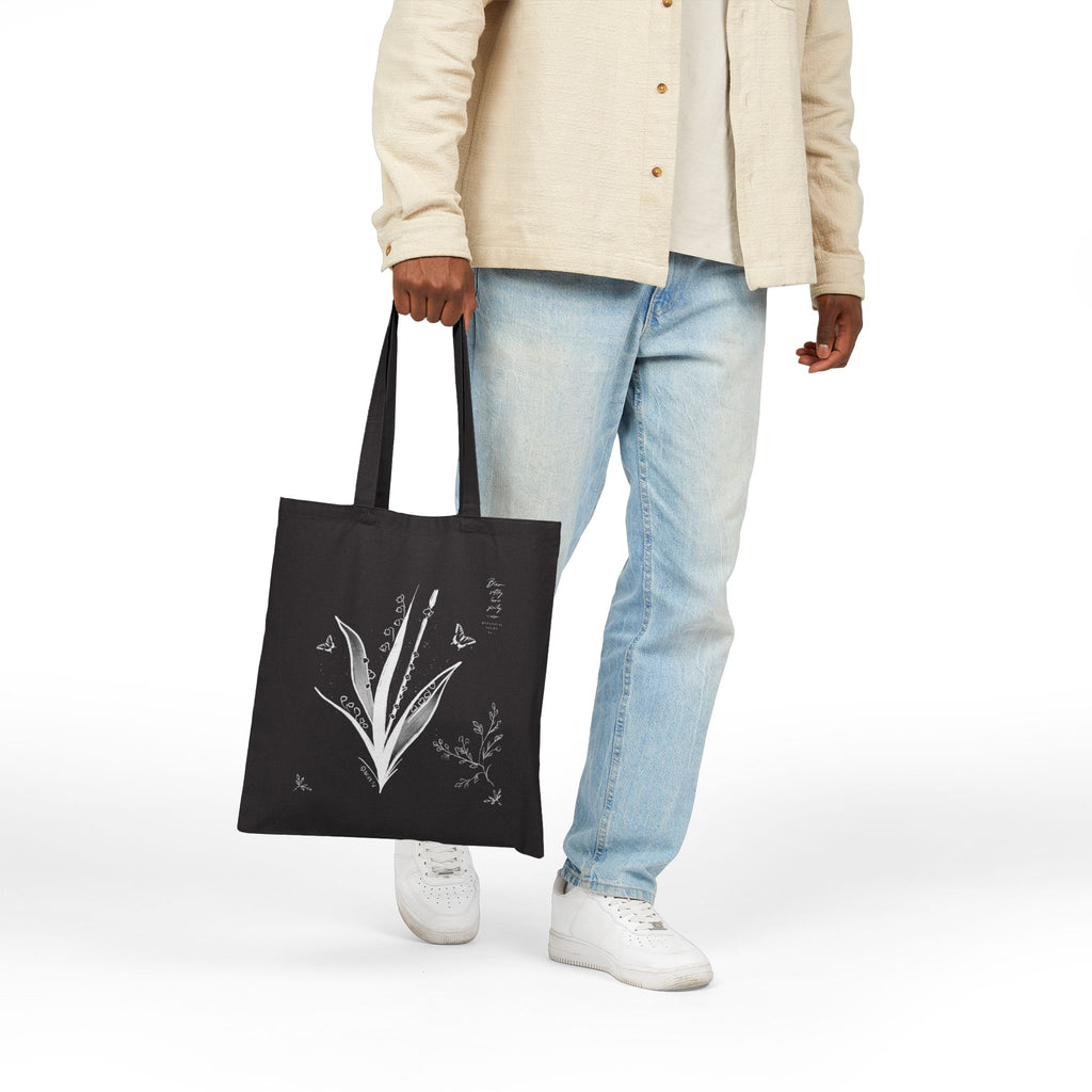 Botanical Flute Tote Bag — Black Canvas Tote with Floral Instrument Design