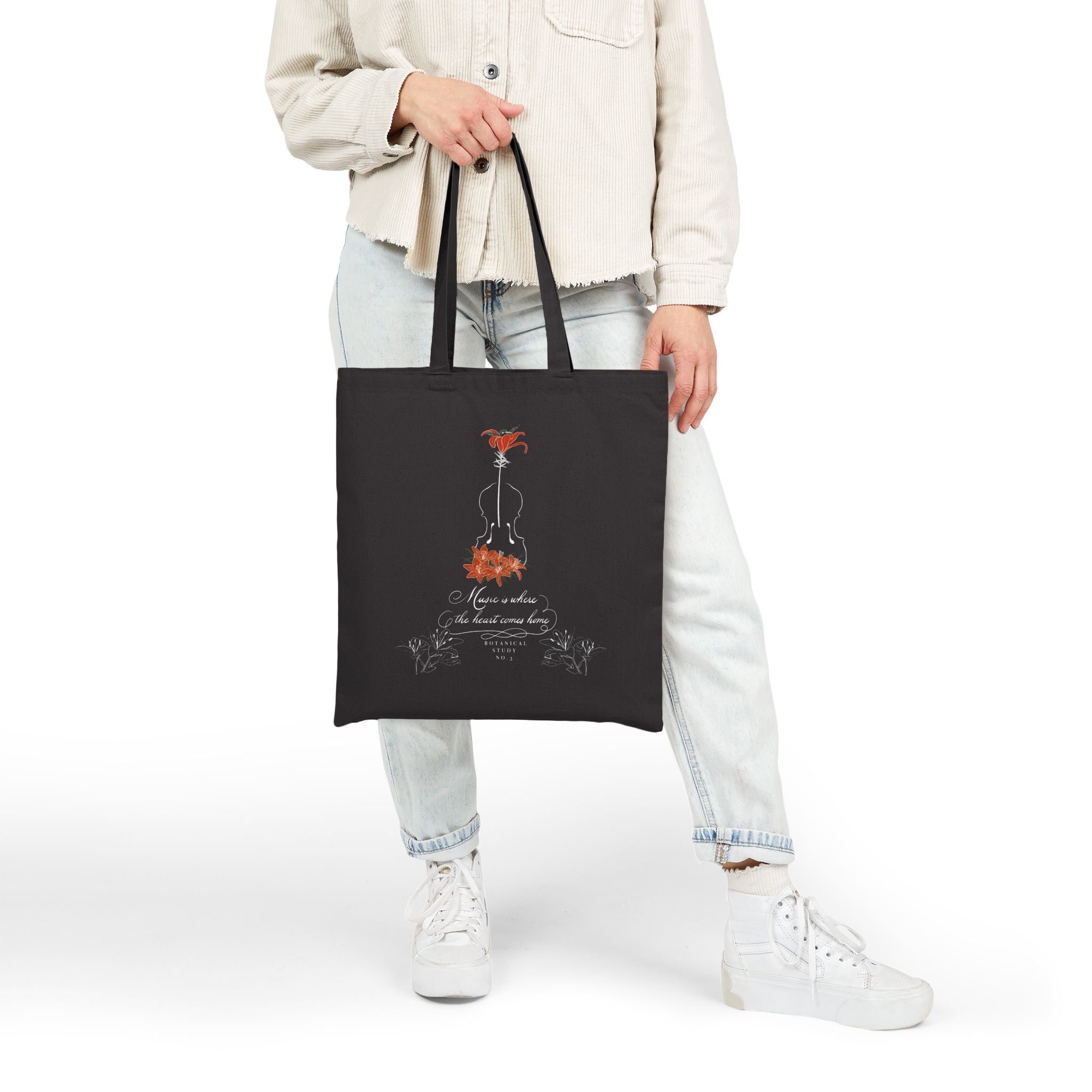 Lily Violin Black Tote Bag — Botanical Music Canvas Tote