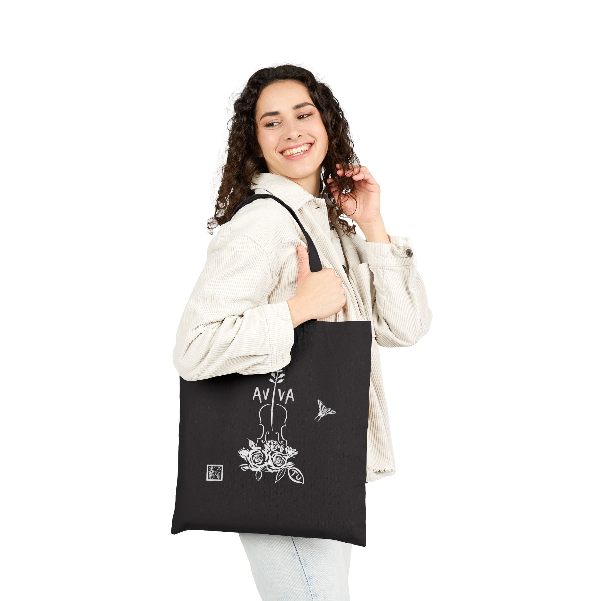 Lily Violin Black Tote Bag — Botanical Music Canvas Tote