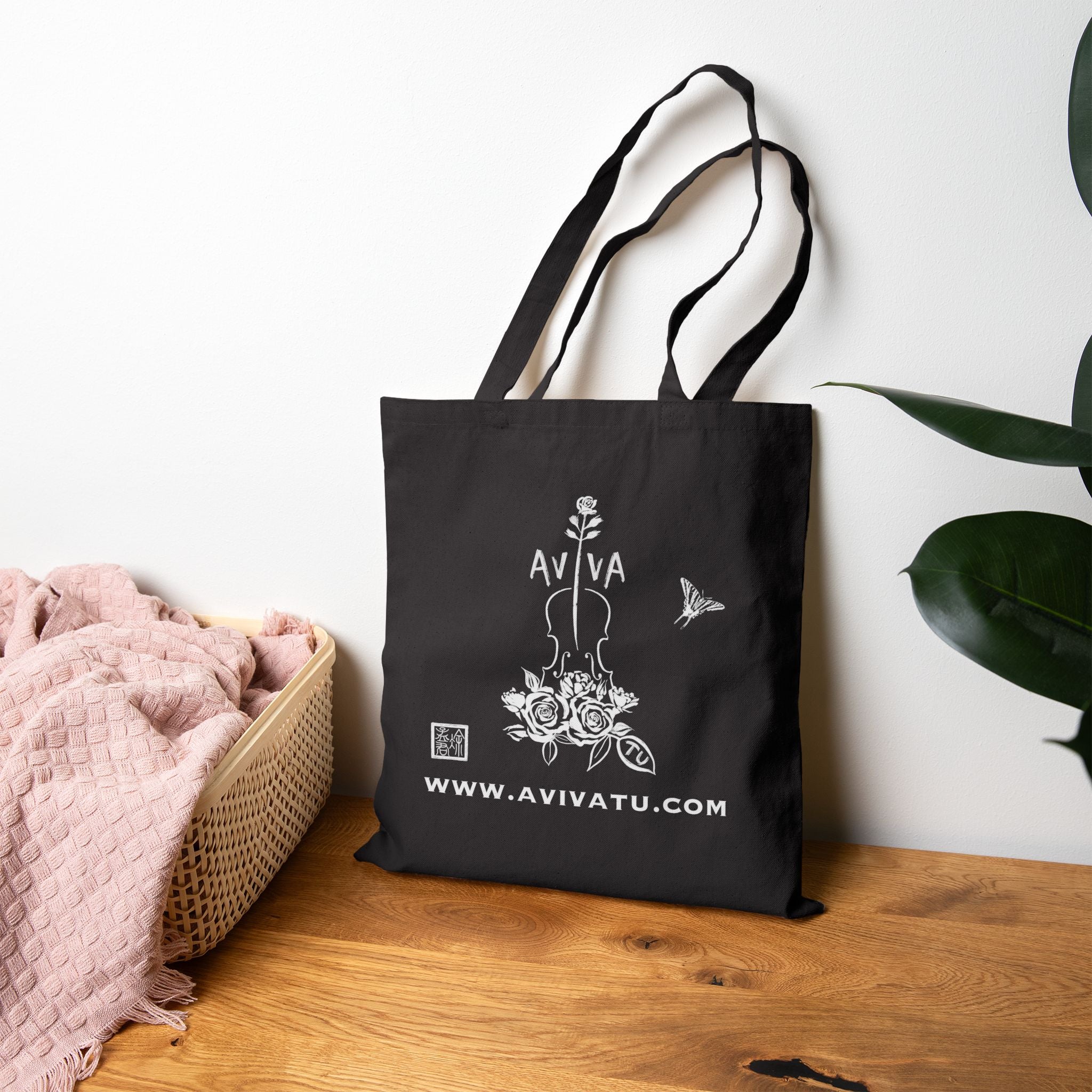 Botanical Flute Tote Bag — Black Canvas Tote with Floral Instrument Design