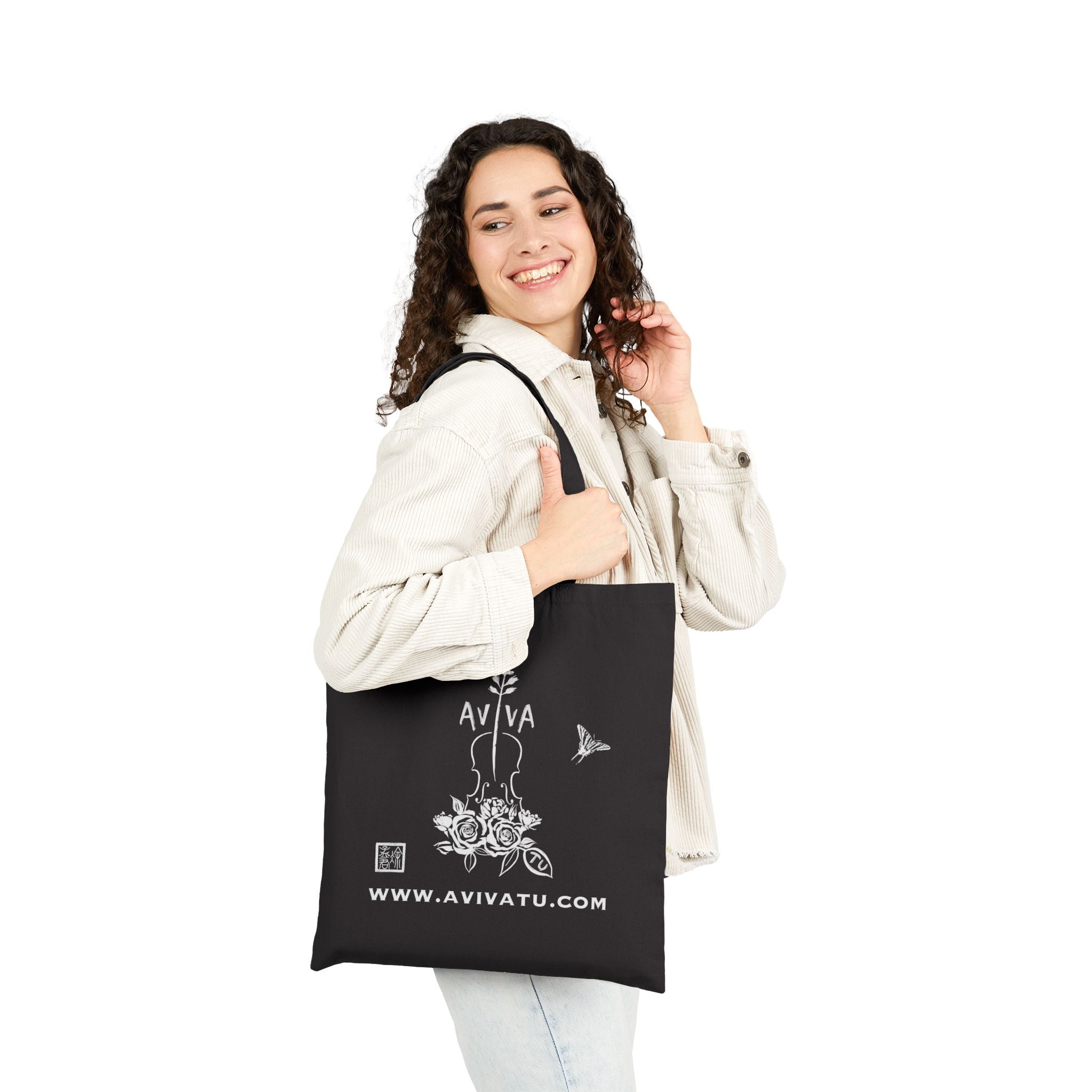 Botanical Flute Tote Bag — Black Canvas Tote with Floral Instrument Design