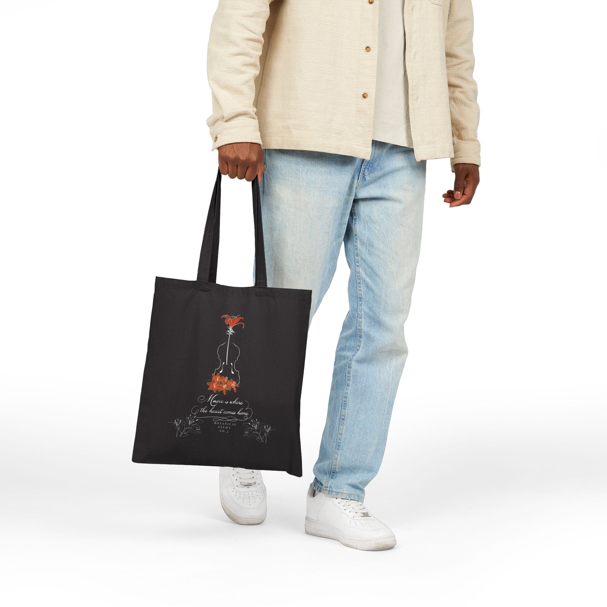 Lily Violin Black Tote Bag — Botanical Music Canvas Tote