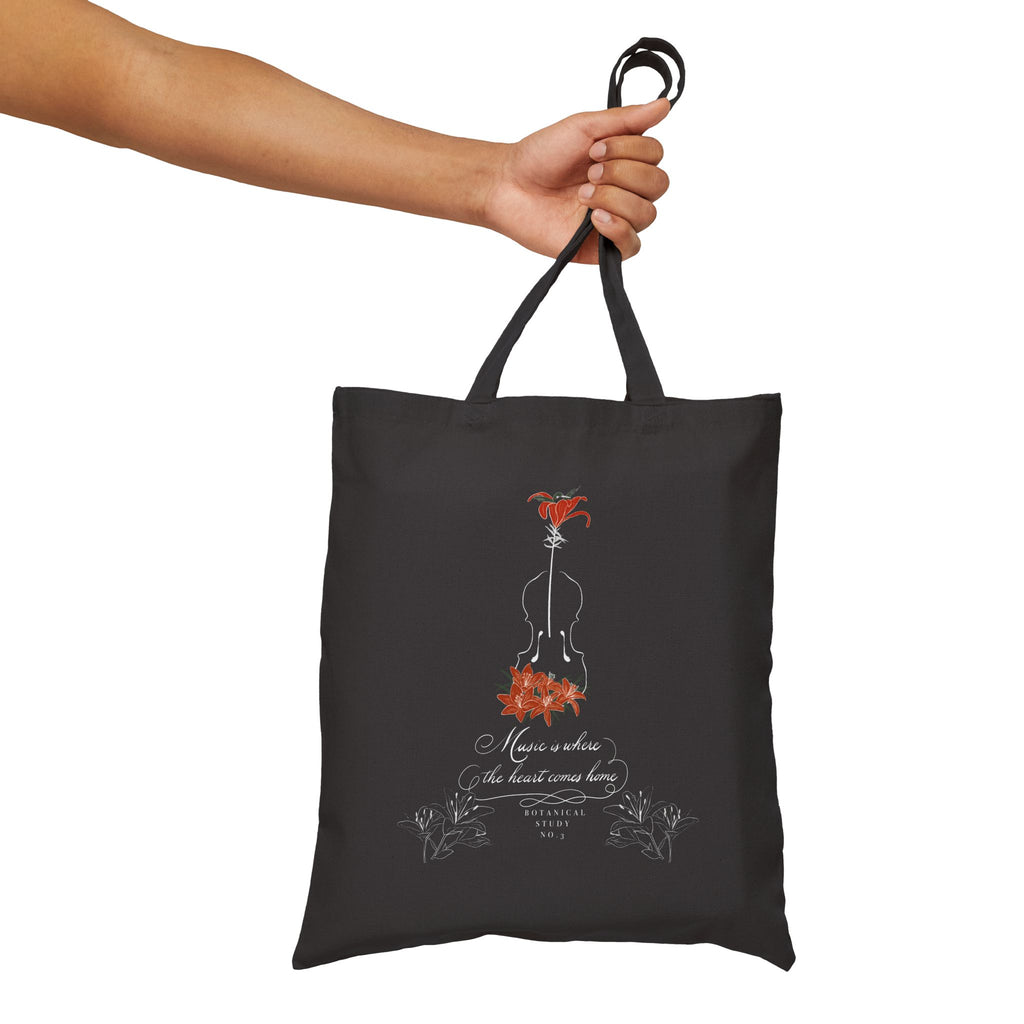 Lily Violin Black Tote Bag — Botanical Music Canvas Tote