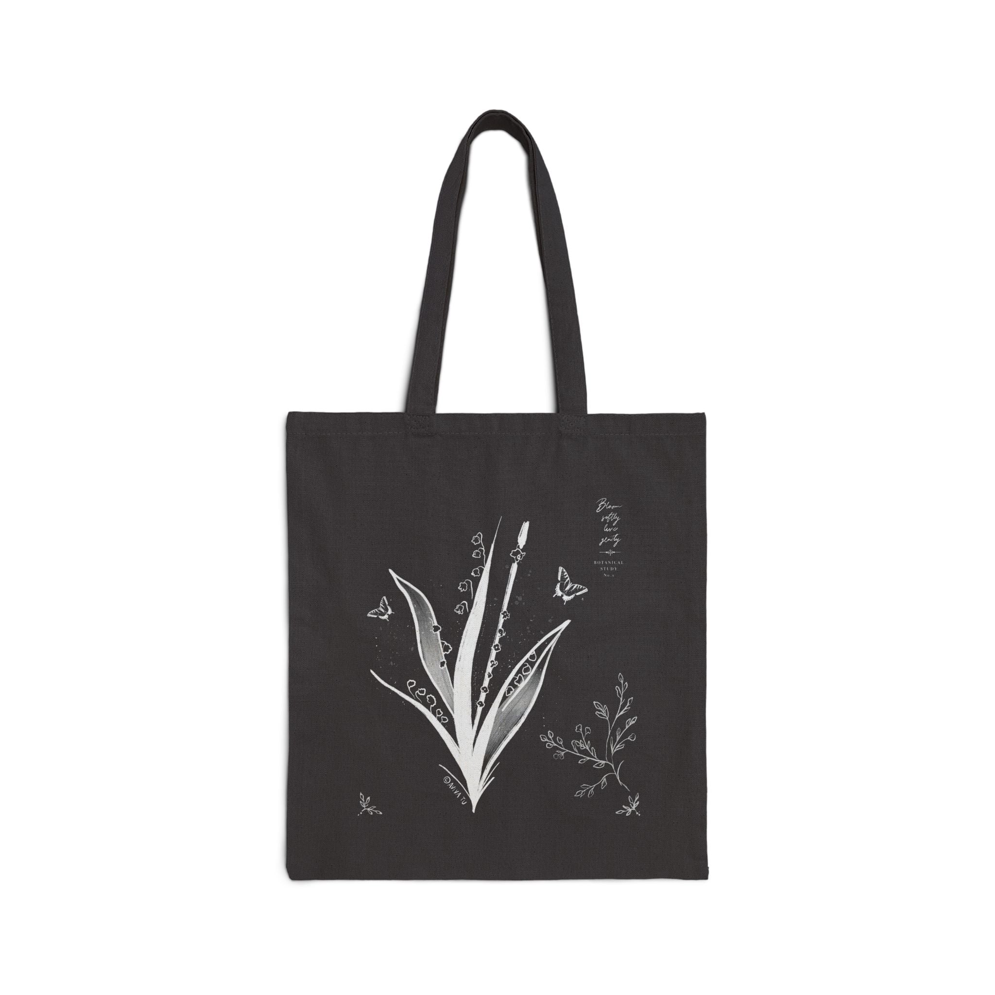Botanical Flute Tote Bag — Black Canvas Tote with Floral Instrument Design
