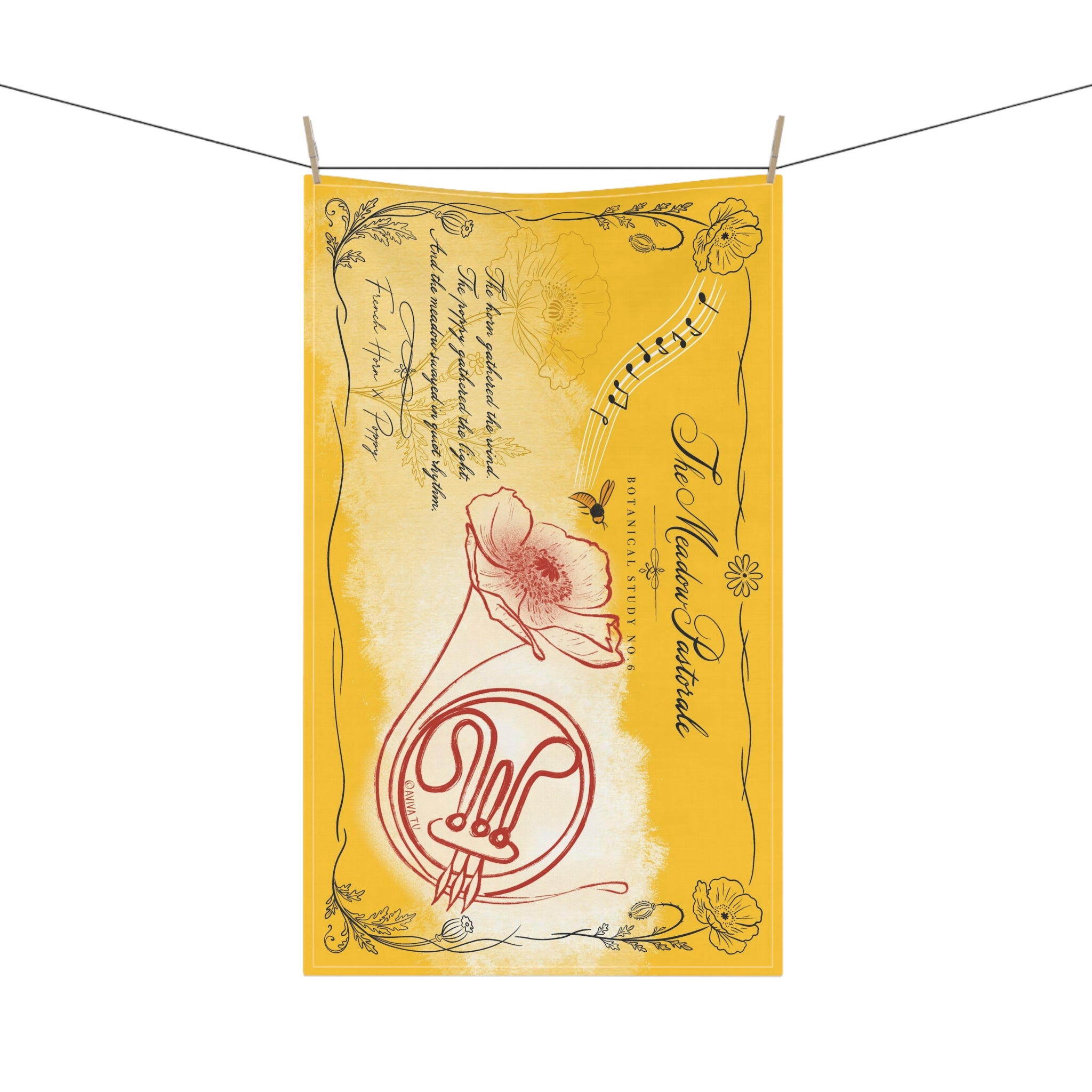 French Horn X Poppy Tea Towel — Botanical Study No.6
