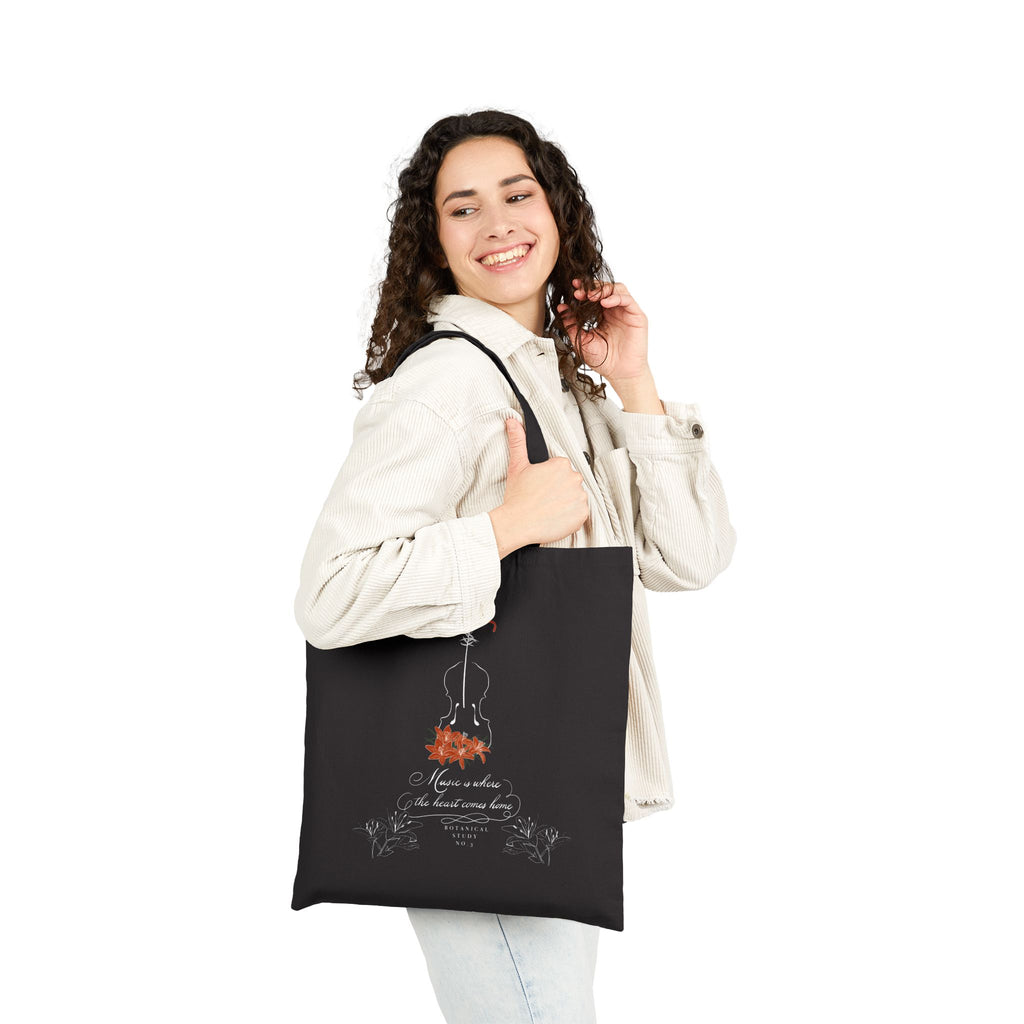 Lily Violin Black Tote Bag — Botanical Music Canvas Tote