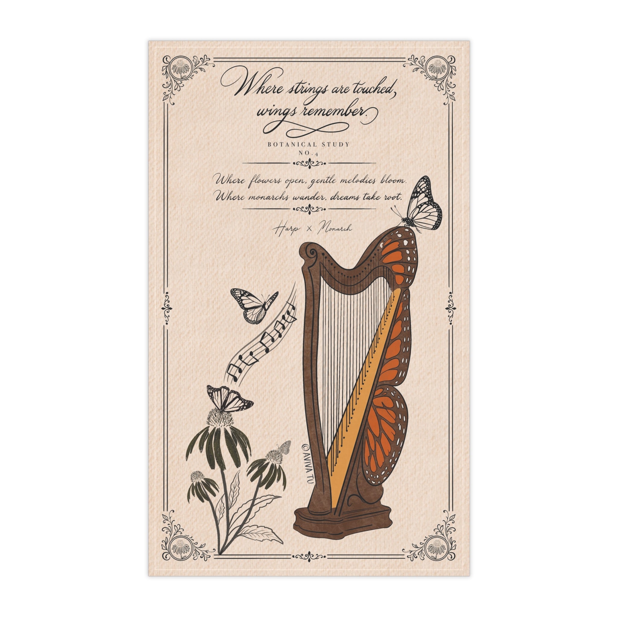 Harp & Monarch Butterfly Kitchen Towel--Botanical Study No.4