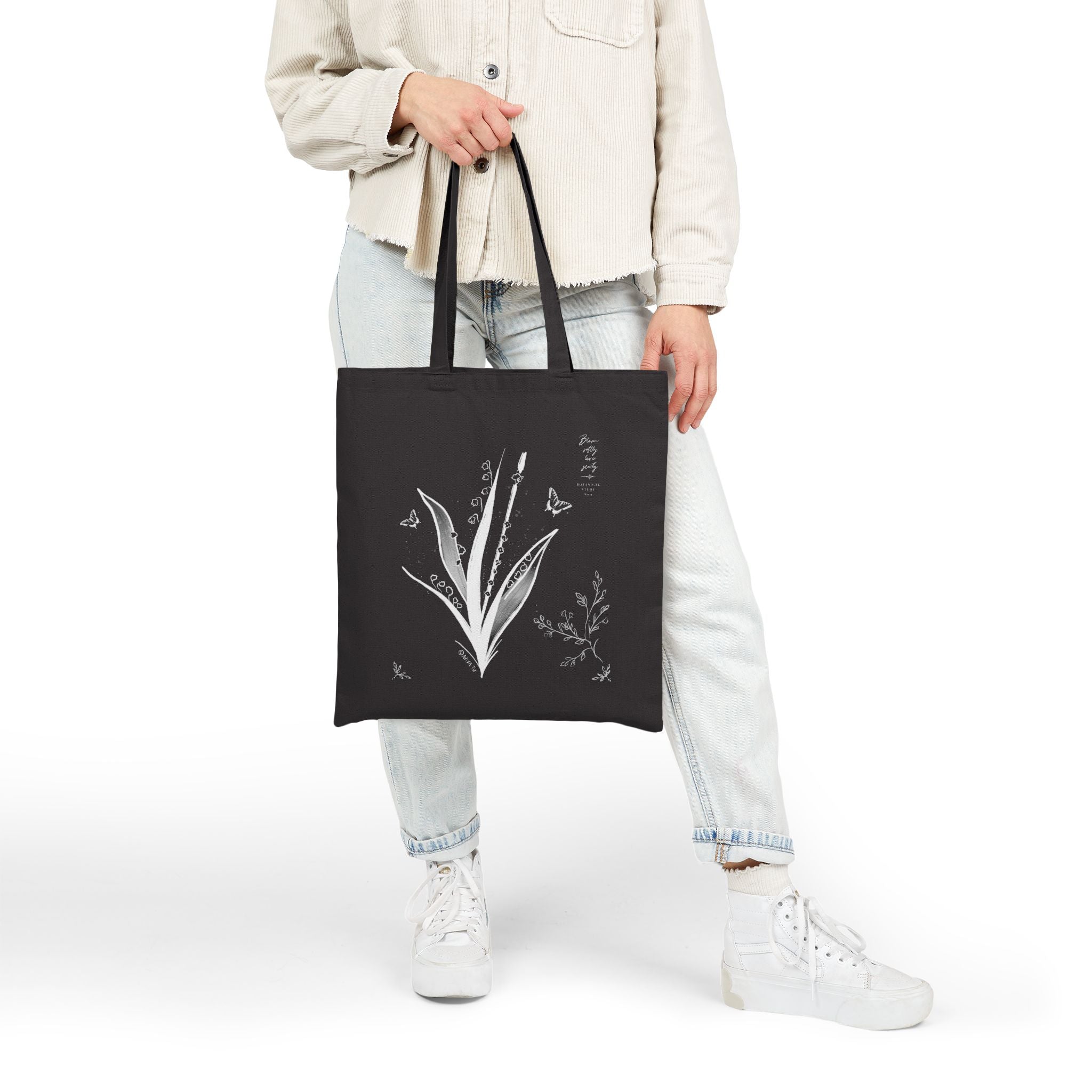Botanical Flute Tote Bag — Black Canvas Tote with Floral Instrument Design