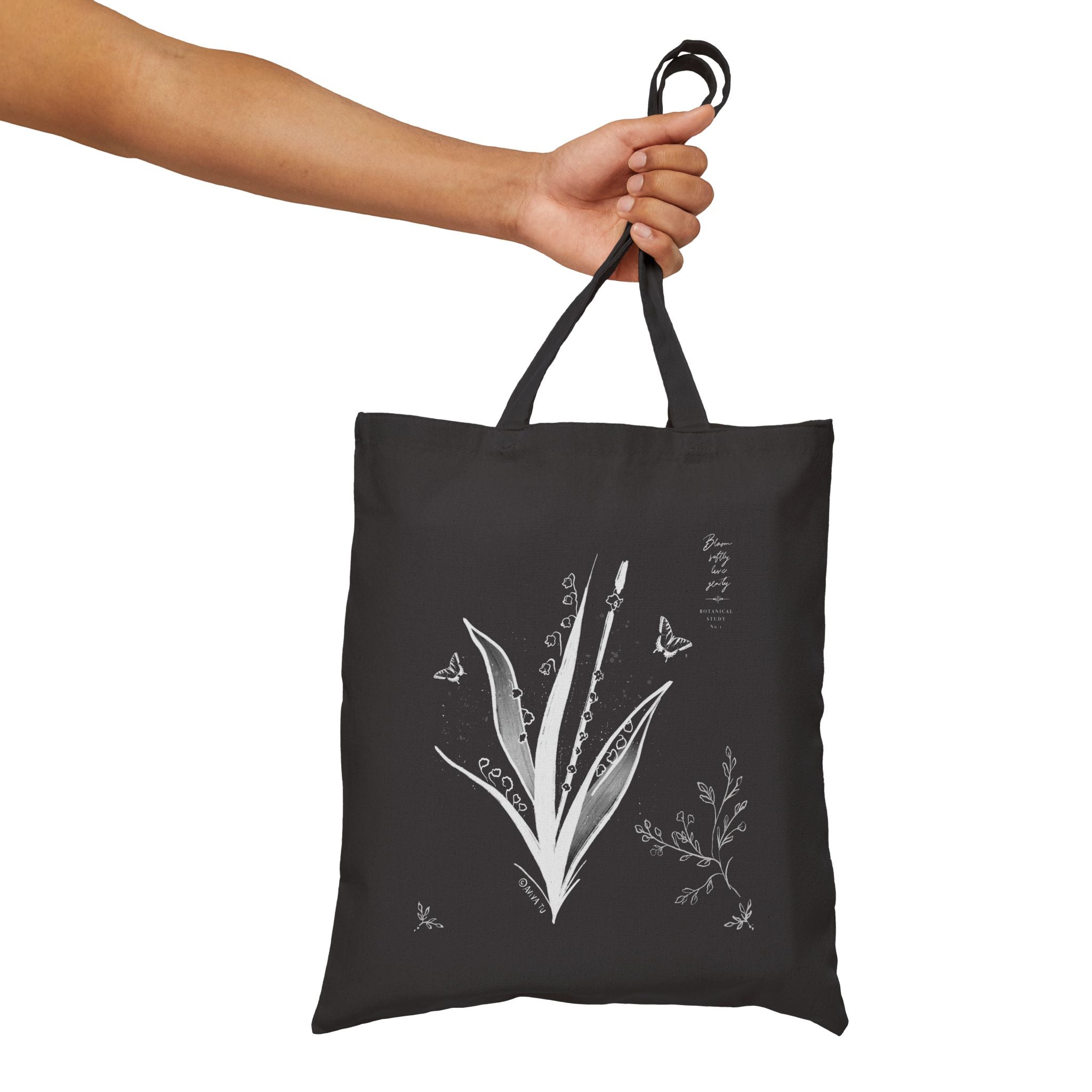 Botanical Flute Tote Bag — Black Canvas Tote with Floral Instrument Design