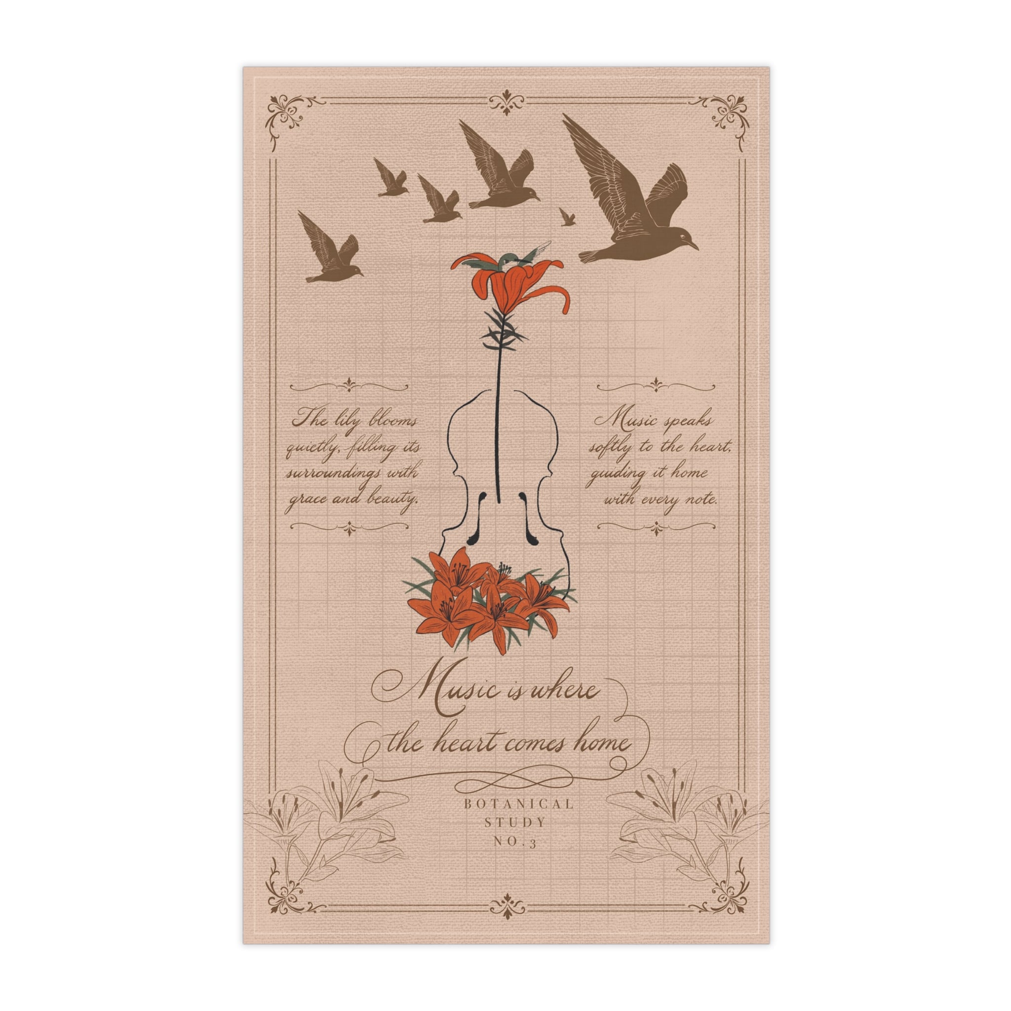 Lily Violin Tea Towel — "Music is where the heart comes home" Vintage Floral Kitchen Towel