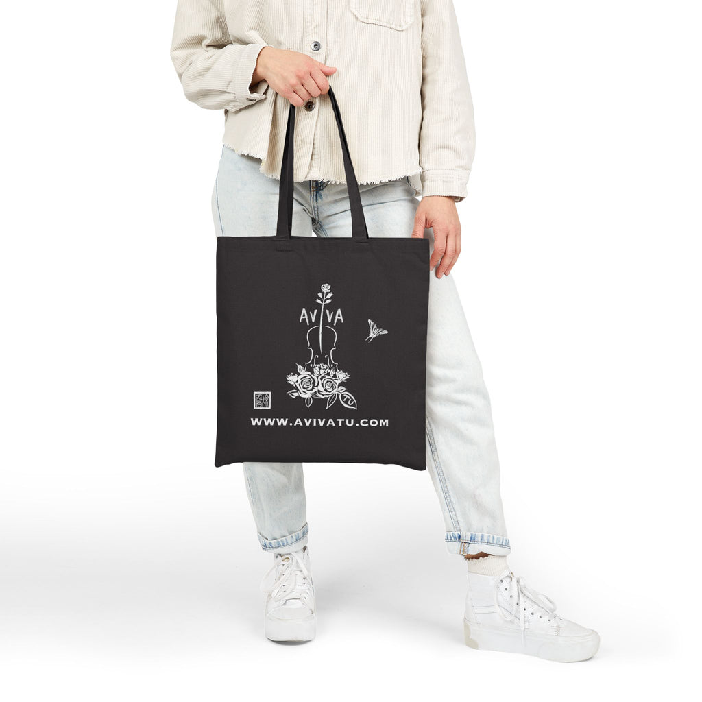 Botanical Flute Tote Bag — Black Canvas Tote with Floral Instrument Design