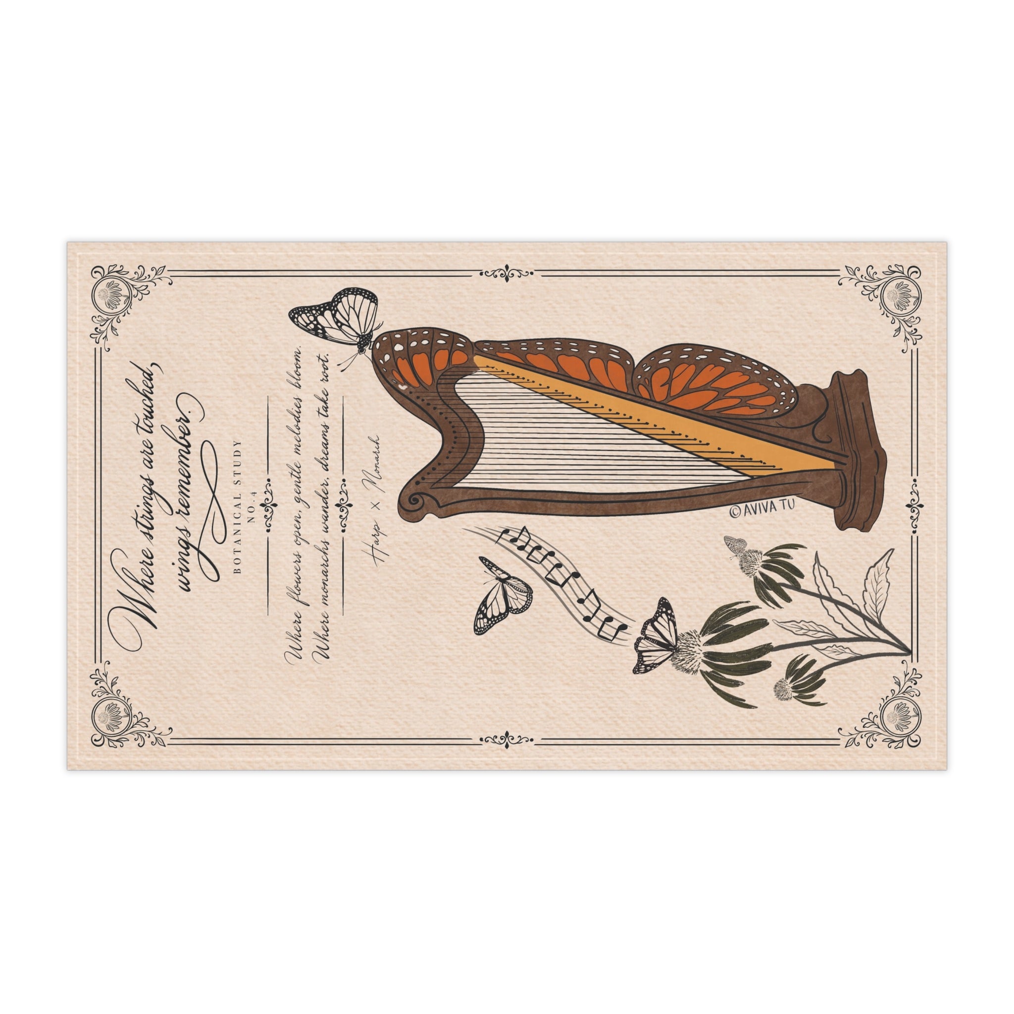 Harp & Monarch Butterfly Kitchen Towel--Botanical Study No.4