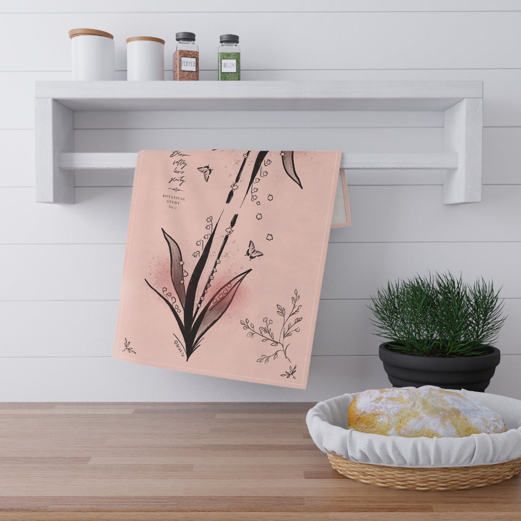 Flute Pink Tea Towel — Blush Botanical Kitchen Towels with Hand-Drawn Flowers