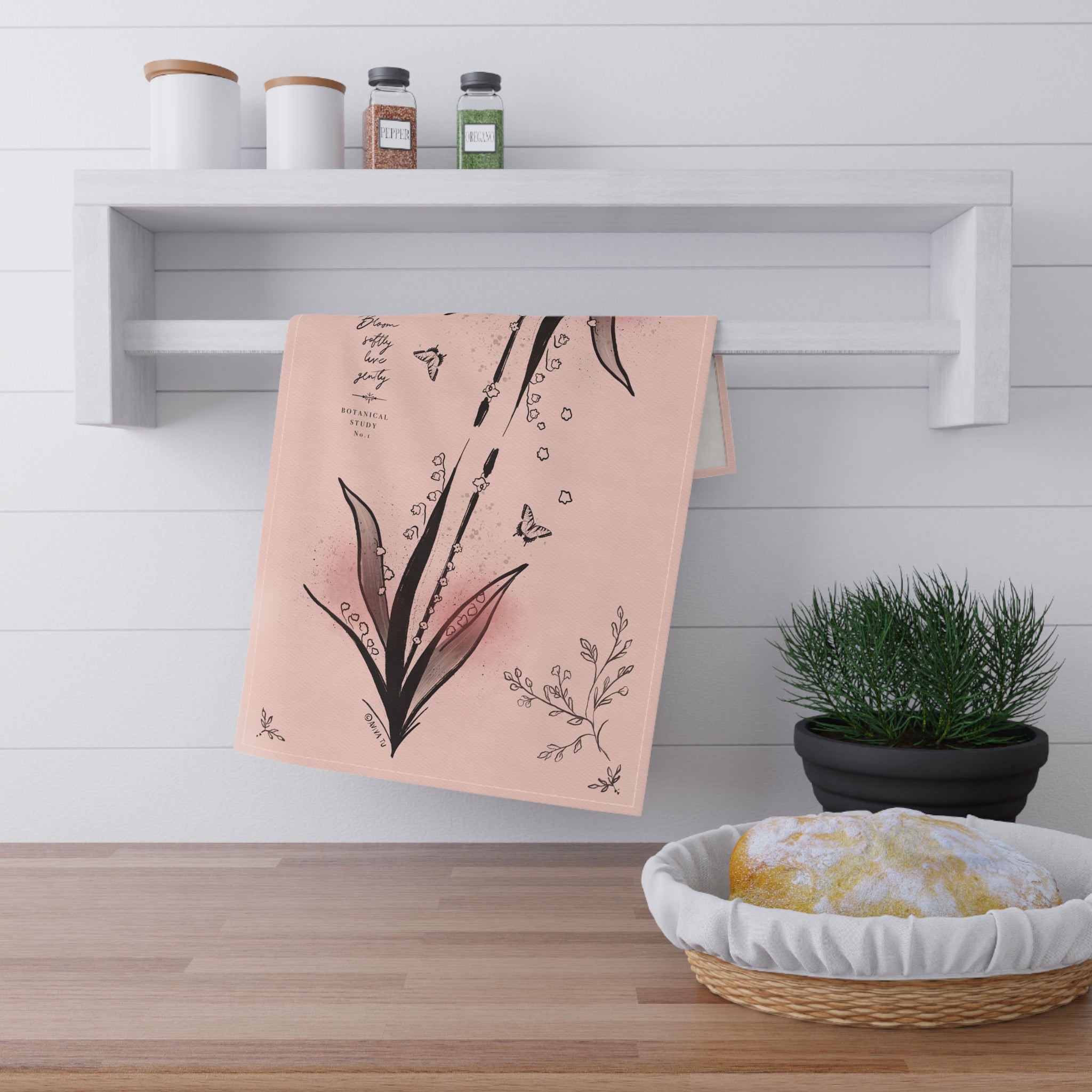 Flute Pink Tea Towel — Blush Botanical Kitchen Towels with Hand-Drawn Flowers