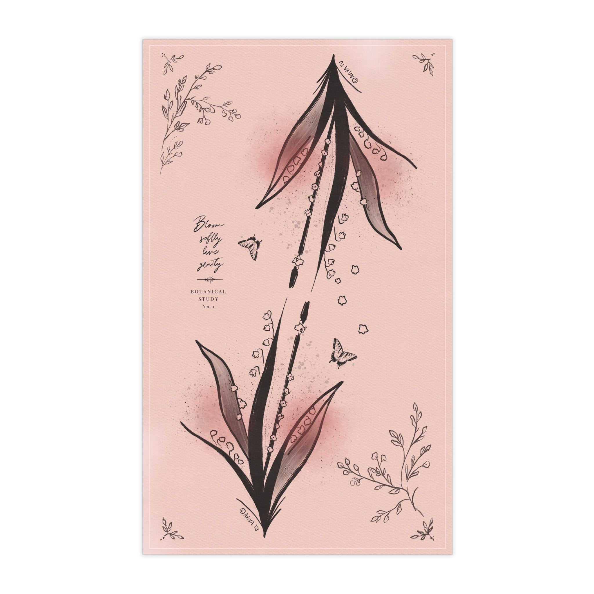 Flute Pink Tea Towel — Blush Botanical Kitchen Towels with Hand-Drawn Flowers