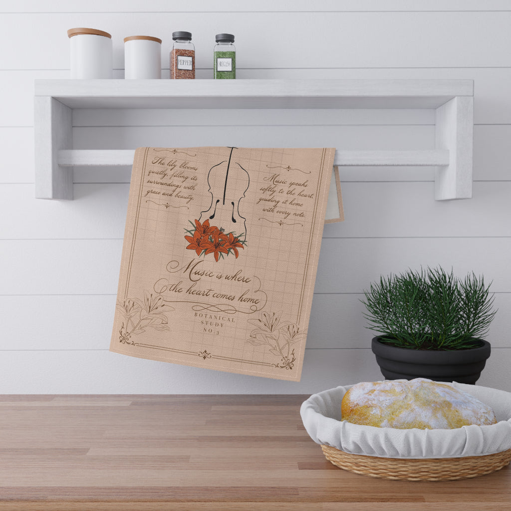 Lily Violin Tea Towel — "Music is where the heart comes home" Vintage Floral Kitchen Towel