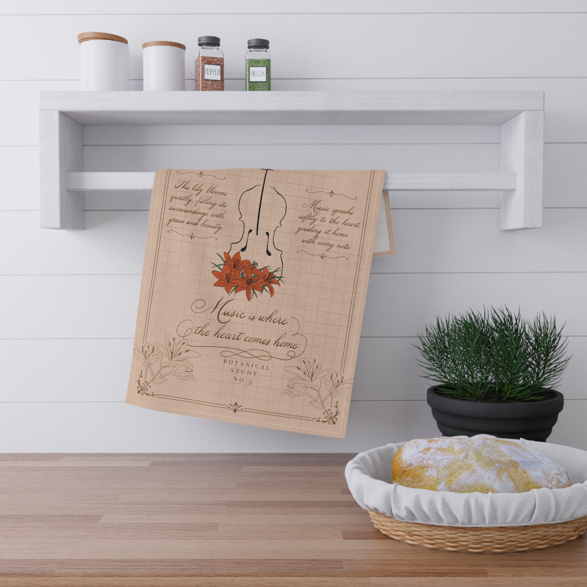 Lily Violin Tea Towel — "Music is where the heart comes home" Vintage Floral Kitchen Towel