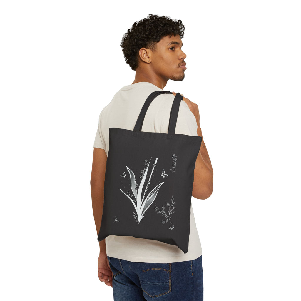 Botanical Flute Tote Bag — Black Canvas Tote with Floral Instrument Design