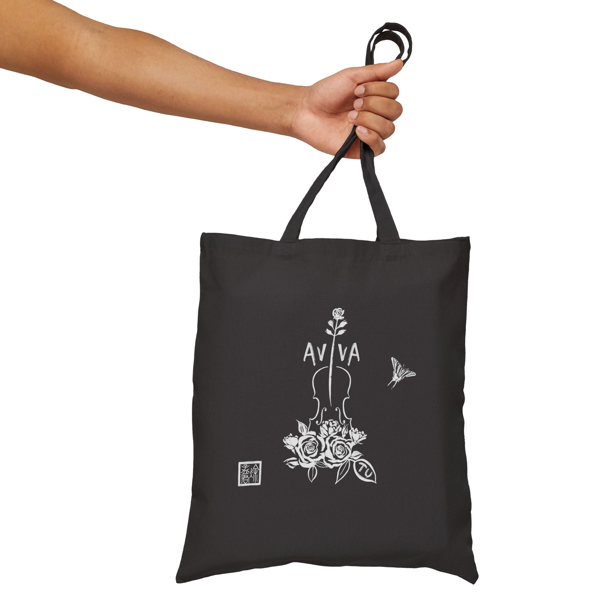 Lily Violin Black Tote Bag — Botanical Music Canvas Tote