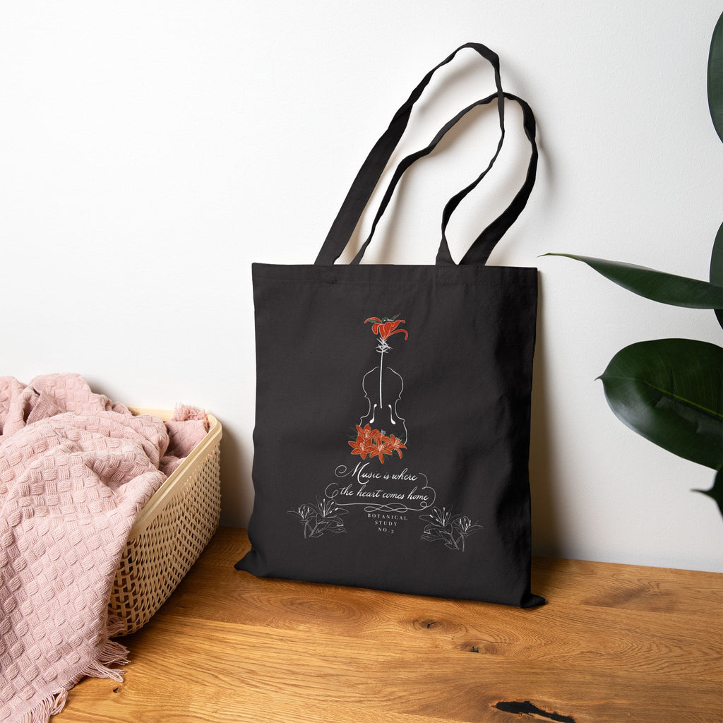 Lily Violin Black Tote Bag — Botanical Music Canvas Tote