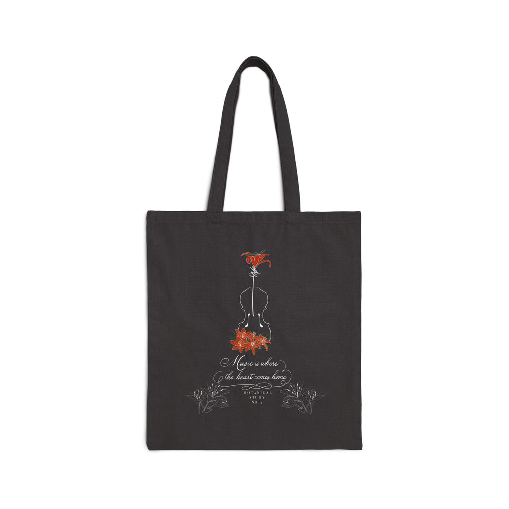 Lily Violin Black Tote Bag — Botanical Music Canvas Tote