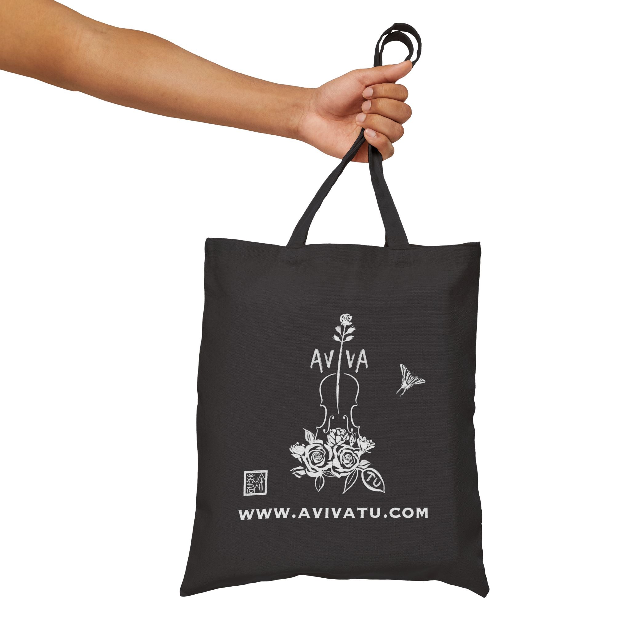 Botanical Flute Tote Bag — Black Canvas Tote with Floral Instrument Design