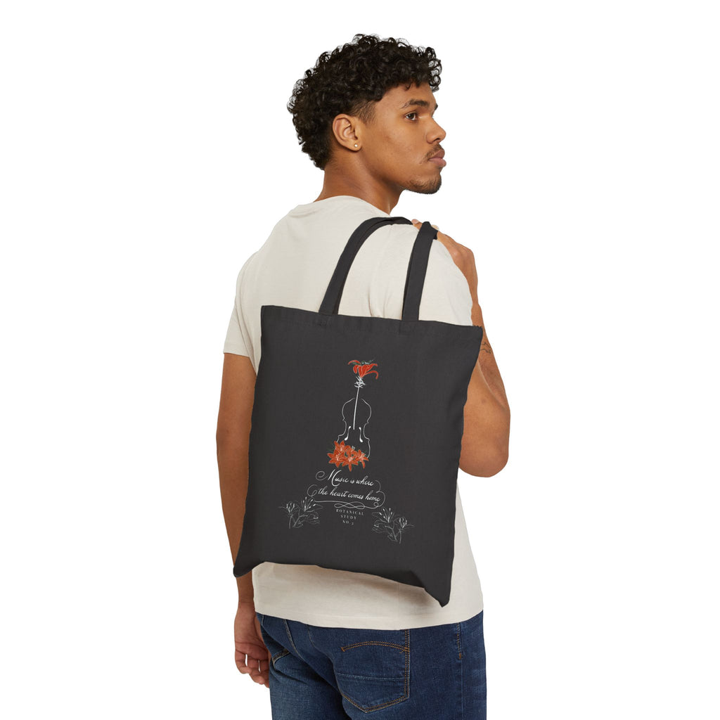 Lily Violin Black Tote Bag — Botanical Music Canvas Tote