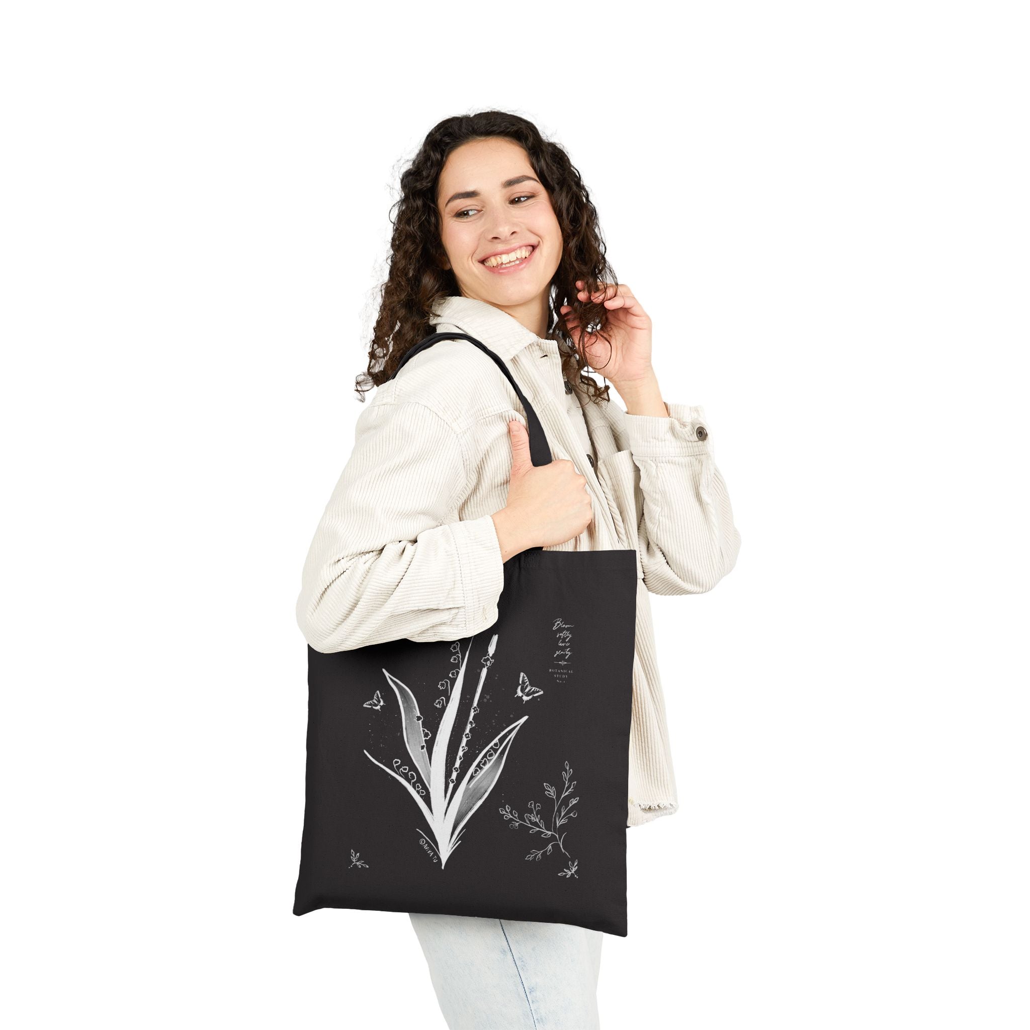 Botanical Flute Tote Bag — Black Canvas Tote with Floral Instrument Design